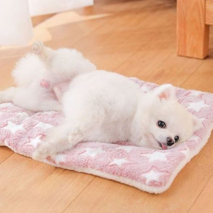 Un petit chien blanc reposant tranquillement sur un tapis pour chien rose motif étoile lavable
