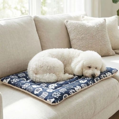 Un Caniche blanc allongé tranquillement sur un tapis pour chien bleu en polaire doux et pliable offre un sommeil réparateur.