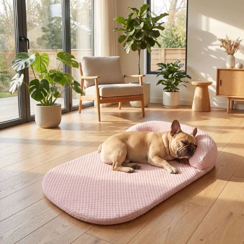 Bouledogue Français dormant paisiblement sur un tapis rafraîchissant pour chien rose pâle avec oreiller, dans un salon lumineux.